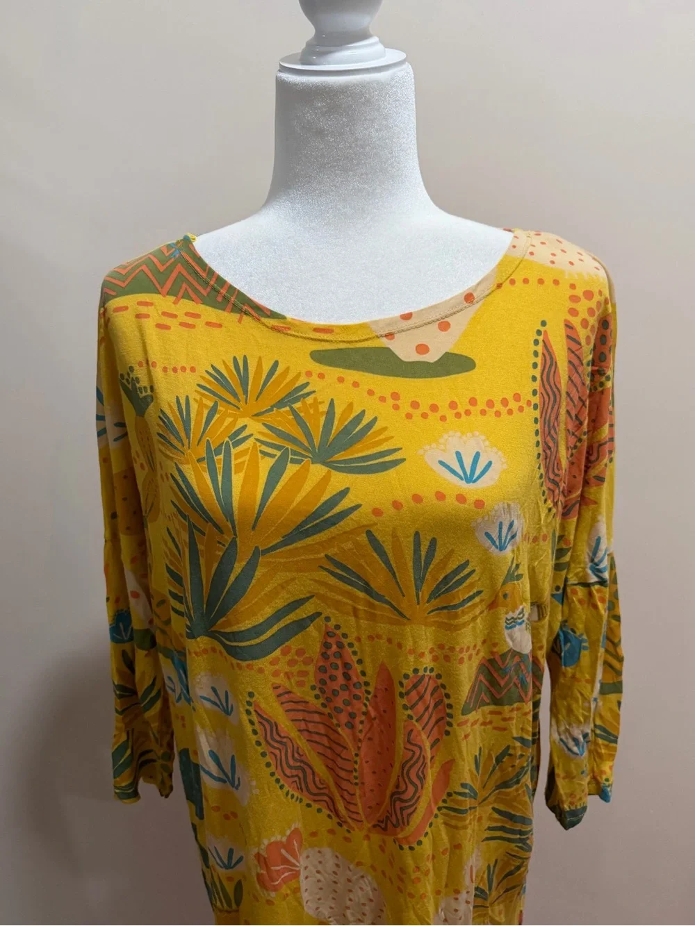 Gudrun Sjoden Yellow Birds Cactus Mallorca Modal 3/4 Sleeve Dress Sz. L